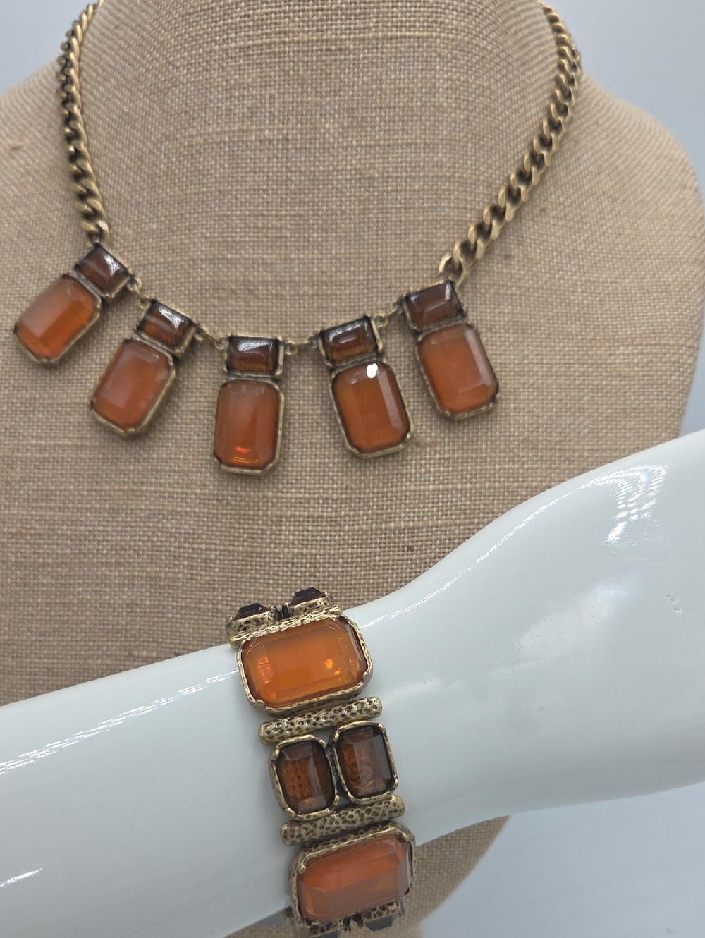 Chico's Orange Glass Statement Necklace & Bracelet Set